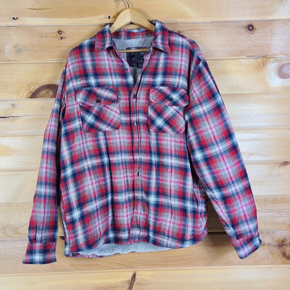 Grizzly Mountain Red Sherpa Lined Flannel Shirt Jacket Warm Chore Shacket Men XL